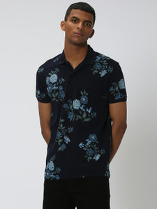 MUFTI Printed Men Polo Neck Dark Blue T-Shirt