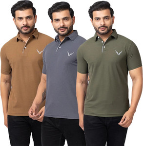 BUFFARO Self Design Men Polo Neck Brown, Grey, Green T-Shirt