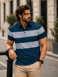 EyeBogler Colorblock Men Zip Neck Blue, Grey T-Shirt