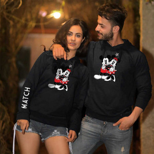 roadmarck Cartoon, Graphic Print, Printed, Typography Couple Hooded Neck Black T-Shirt