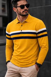 FASHIUM Striped Men Polo Neck Yellow T-Shirt