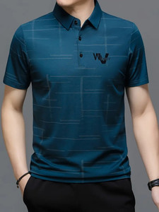 NAUGHTY Men Blue Striped Polo Neck T-Shirt - Image 5