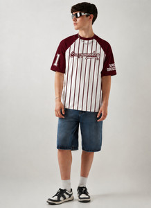 Smosh Striped Men Round Neck Maroon, White T-Shirt
