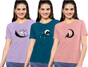 ज़ेंट वर्ल्ड महिलाओं के लिए गोल गला प्रिंटेड बहुरंगी टी-शर्ट