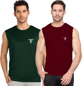 Think Tech Solid Men Round Neck Green, Maroon T-Shirt