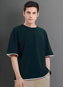 KIDSWING Solid Men Round Neck Dark Green T-Shirt