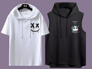 Mundali Men Hooded Neck Black, White T-Shirt - Image 6