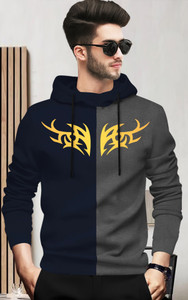 BLIVE Printed Men Hooded Neck Navy Blue, Grey T-Shirt
