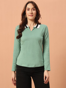 THE DRY STATE Solid Women Polo Neck Green T-Shirt