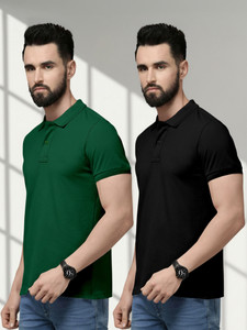 METRONAUT Solid Men Polo Neck Dark Green, Black T-Shirt