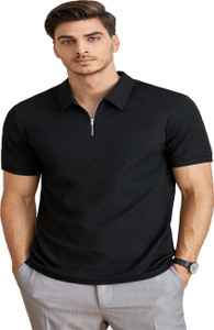 NetClick Solid Men Zip Neck Black T-Shirt