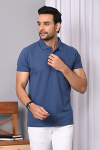 Arbour Solid Men Polo Neck Blue T-Shirt
