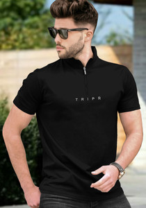 TRIPR Solid Men Mandarin Collar Black T-Shirt