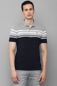 Louis Philippe Sport Striped Men Polo Neck Grey T-Shirt