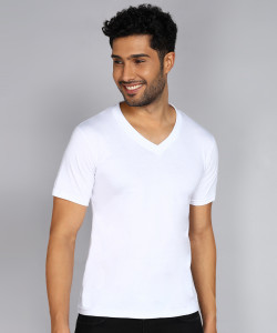 Fleximaa Solid Men V Neck White T-Shirt