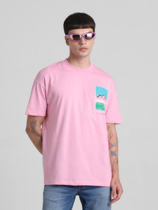 JACK & JONES Printed Men Round Neck Pink T-Shirt
