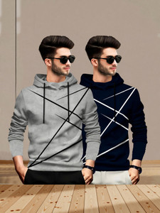 BLIVE Printed Men Hooded Neck Grey, Navy Blue T-Shirt