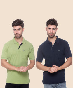 RYTONZ Solid Men Polo Neck Light Green, Navy Blue T-Shirt