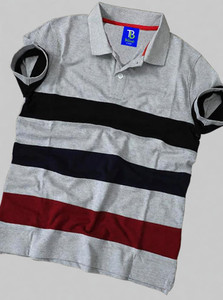 TB Blue Striped Men Polo Neck Grey T-Shirt