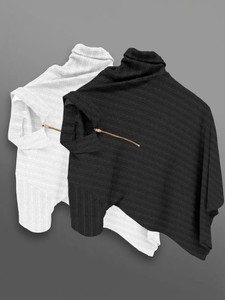 KAJARU Self Design Men Zip Neck White, Black T-Shirt