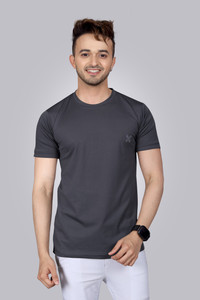 MENTIFIC Solid Men Round Neck Grey T-Shirt