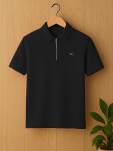 Yazole Solid Men Zip Neck Black T-Shirt