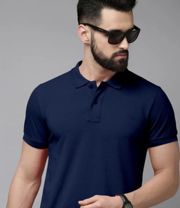 Adorbs Solid Men Polo Neck Dark Blue T-Shirt