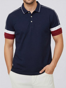 Leotude Colorblock Men Polo Neck Navy Blue T-Shirt
