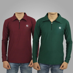 Ayvina Solid Men Zip Neck Green, Maroon T-Shirt