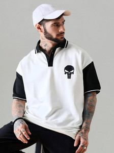 Dattebayo Self Design Men Polo Neck White, Black T-Shirt