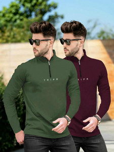 TRIPR Solid Men Henley Neck Dark Green, Maroon T-Shirt
