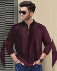 FATICHAR Self Design Men Zip Neck Maroon T-Shirt