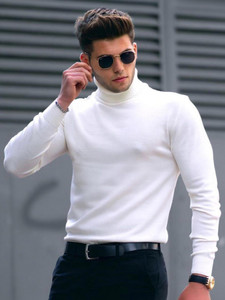 Oosh Solid Men High Neck White T-Shirt