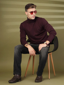 CHKOKKO Solid Men Turtle Neck Purple T-Shirt