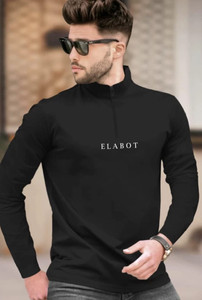 ELABOT Printed Men Mandarin Collar Black T-Shirt