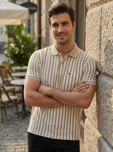 RosyRains Striped Men Polo Neck Brown T-Shirt