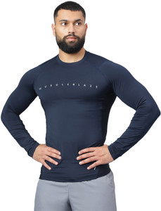 MUSCLEBLAZE Solid Men Round Neck Navy Blue T-Shirt