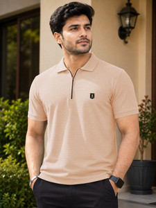 VeBNoR Self Design Men Zip Neck Beige T-Shirt