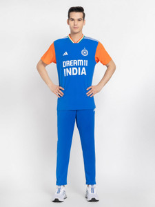 ADIDAS Printed Men V Neck Blue T-Shirt