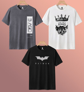 BLIVE Printed Men Round Neck Grey, White, Black T-Shirt