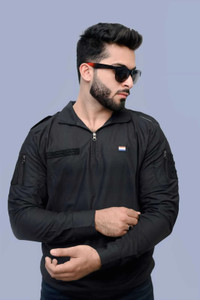 AZYXREN Self Design Men Zip Neck Black T-Shirt