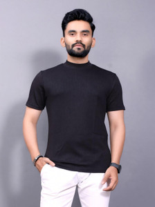 sti Solid Men Turtle Neck Black T-Shirt
