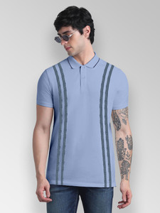 FTX Striped Men Polo Neck Light Blue T-Shirt