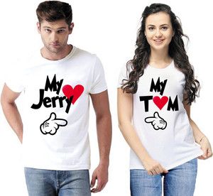 JH MART Typography Couple Round Neck White T-Shirt
