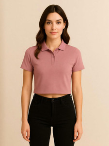 Adyavastram Solid Women Polo Neck Pink T-Shirt