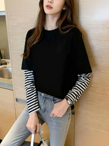 Helpom Striped Women Round Neck Black T-Shirt