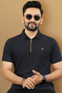 WeReKo Self Design Men Zip Neck Black T-Shirt