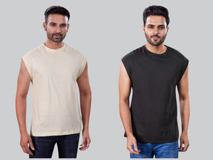 I&D Solid Men Round Neck Beige, Black T-Shirt