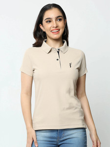 Stellers Solid Women Polo Neck Grey T-Shirt