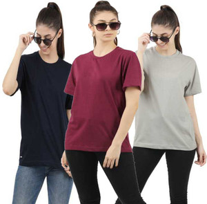 Patche Solid Women Round Neck Maroon, Black, Grey T-Shirt